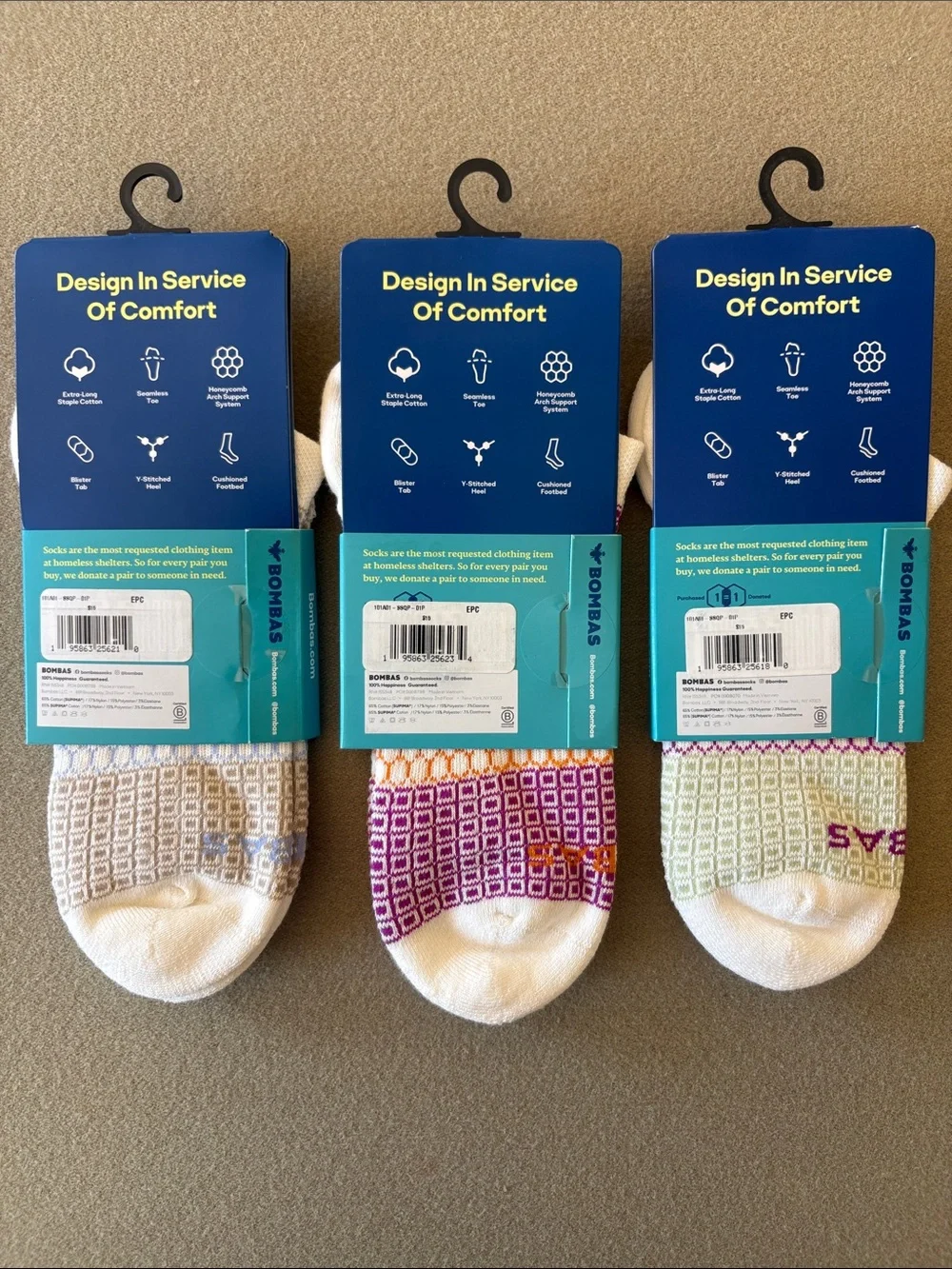 3 Bombas White Low-Cut Socks Unisex Women Medium Blue Khaki Purple Orange Green